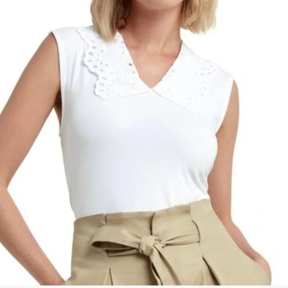 NWT H HALSTON Sleeveless V-Neck Eyelet Pullover Top, White, Size Small Petite